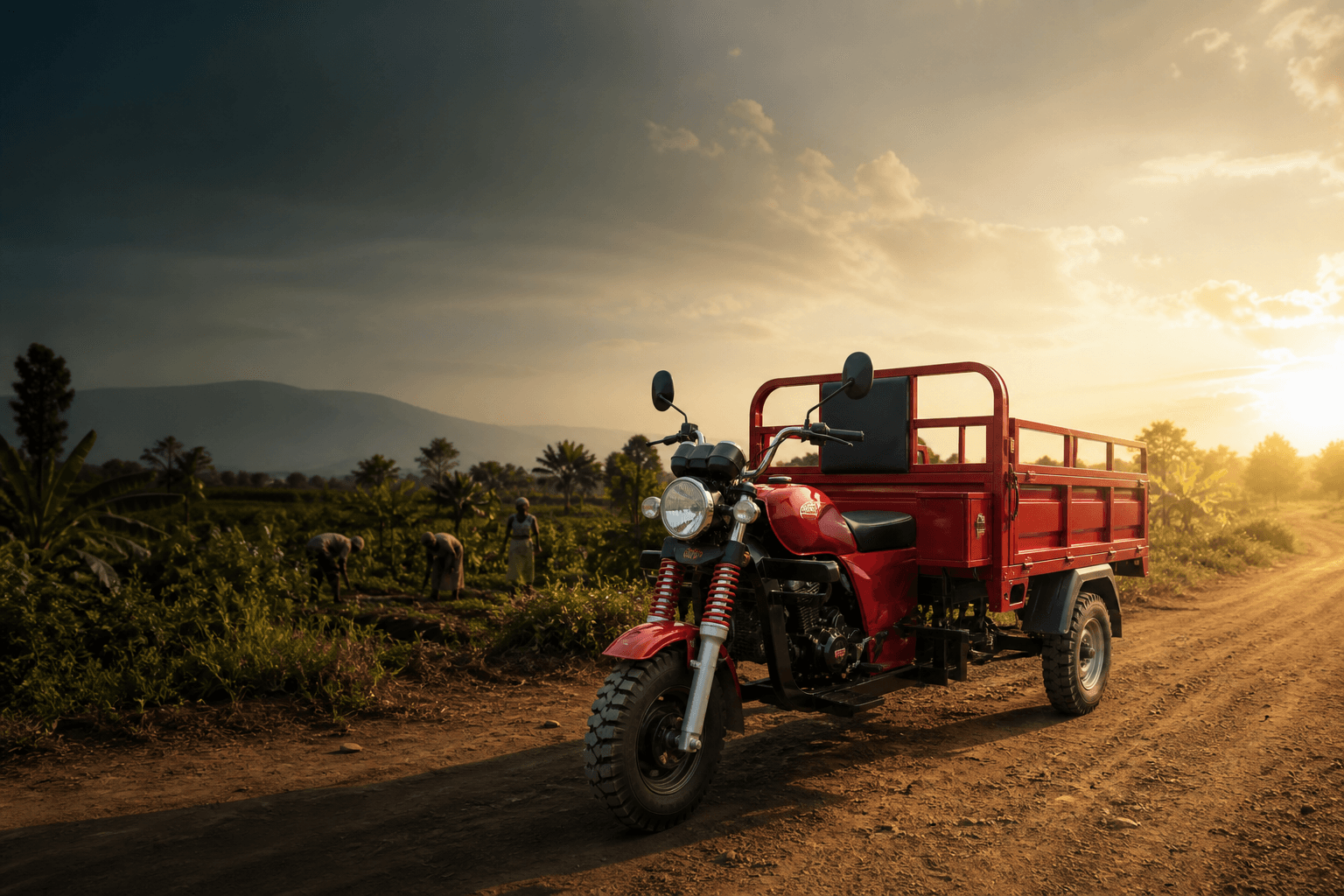 Heavy-duty gasoline cargo tricycle on a rural working road